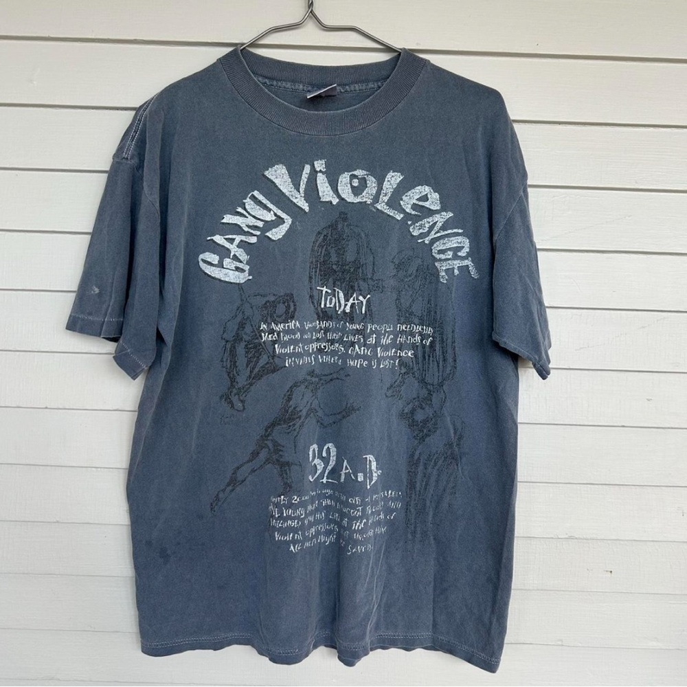 Vintage HL Miller Gang Violence Blue T Shirt size L Single Stitch Made In USA